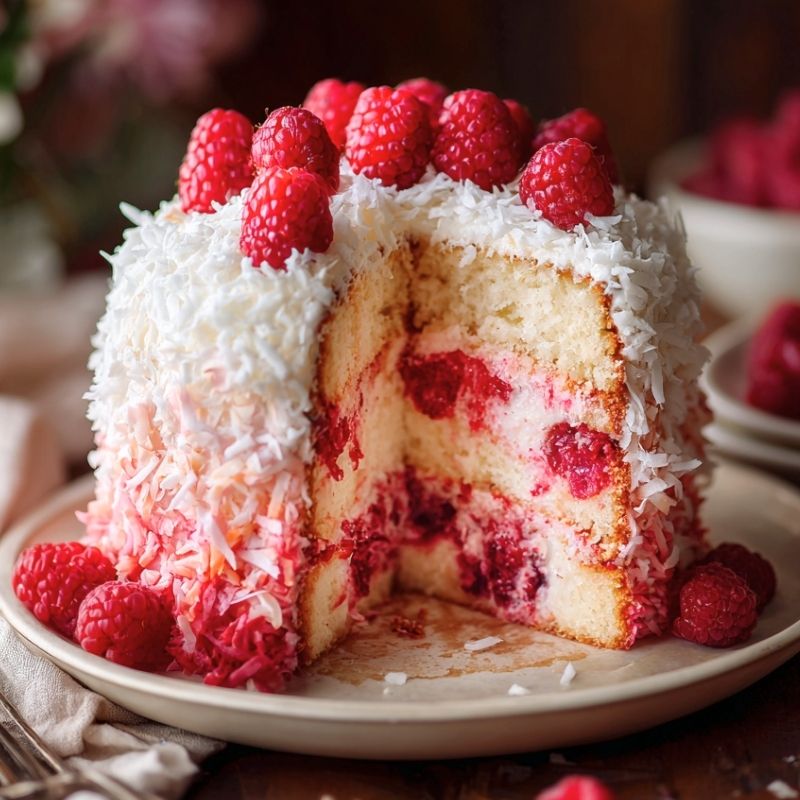 Luscious Raspberry Swirl Coconut Snowball Cake