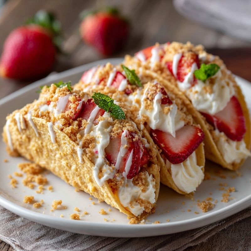 Luscious Strawberry Crunch Cheesecake Tacos