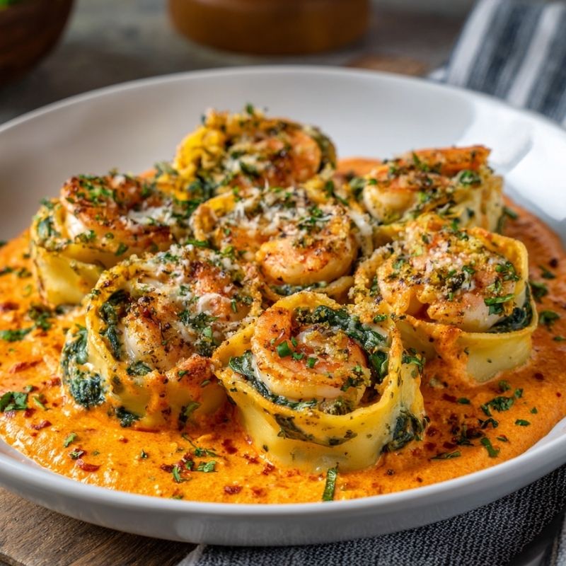 Comforting Shrimp And Spinach Stuffed Pasta Rolls With Roasted Red Pepper Cream