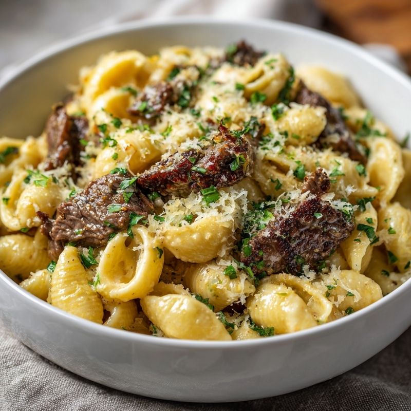 Hearty Garlic Butter Steak Bites Shell Pasta With Parmesan Cream