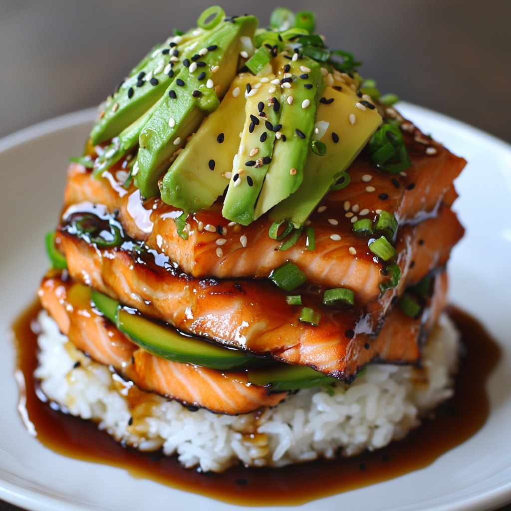 Hearty Teriyaki Salmon Avocado Rice Stack