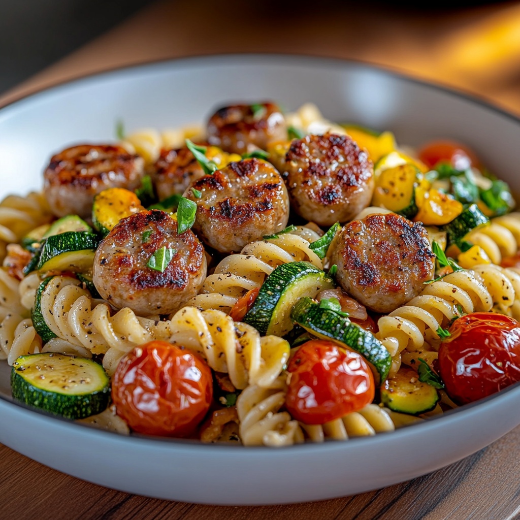 Rustic Chicken Sausages With Zucchini Tomatoes And Pasta - PP51 Thumb Rustic Chicken Sausages With Zucchini Tomatoes And Pasta