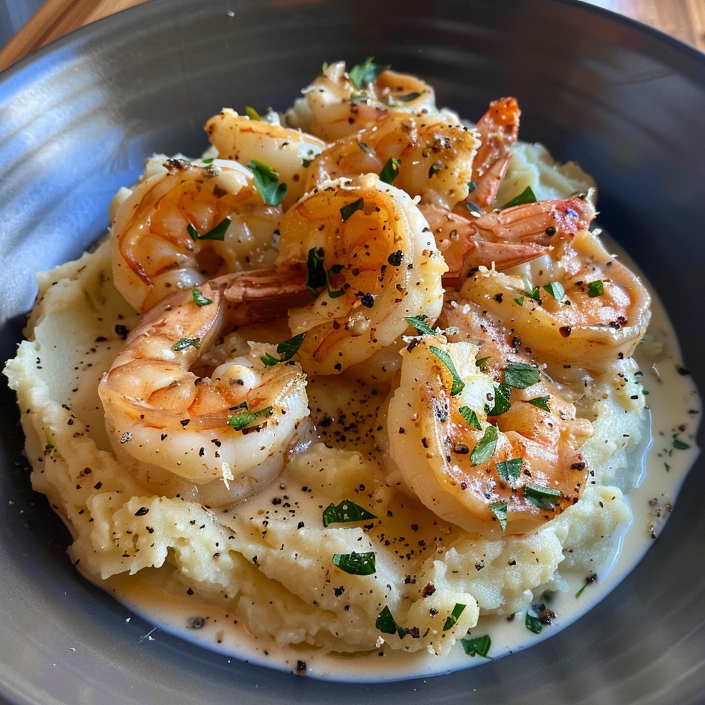 Creamy Garlic Shrimp Over Mashed Potatoes