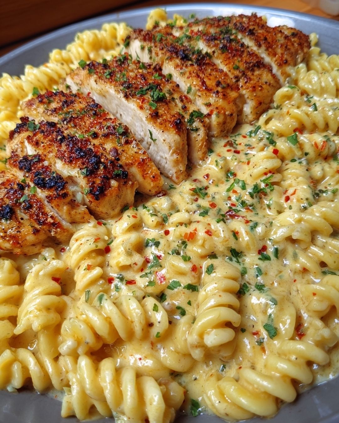 Homestyle Creamy Garlic Parmesan Chicken With Cheesy Twisted Pasta