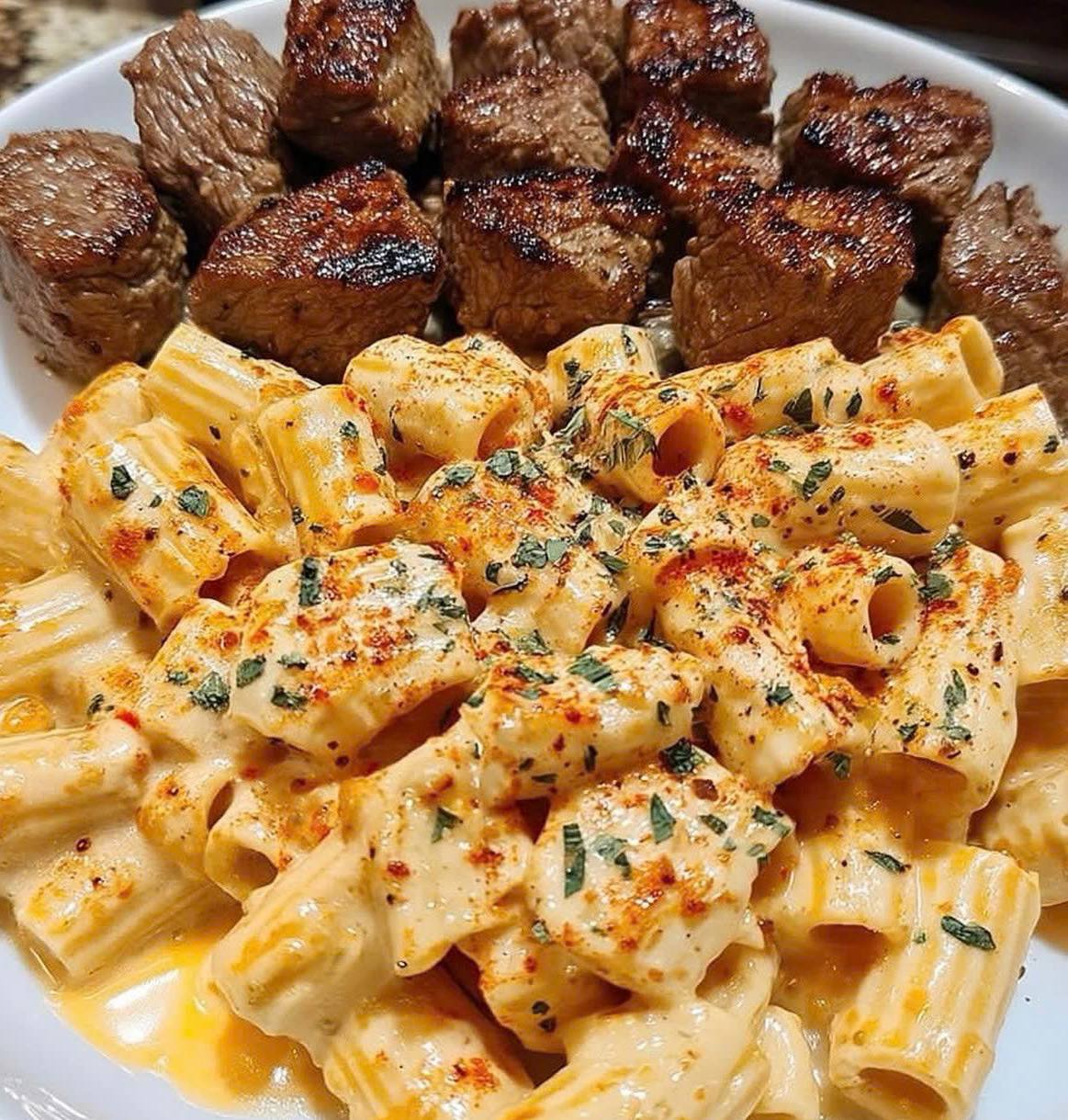 Cajun Steak Tips In Cheesy Rigatoni Parmesan Sauce