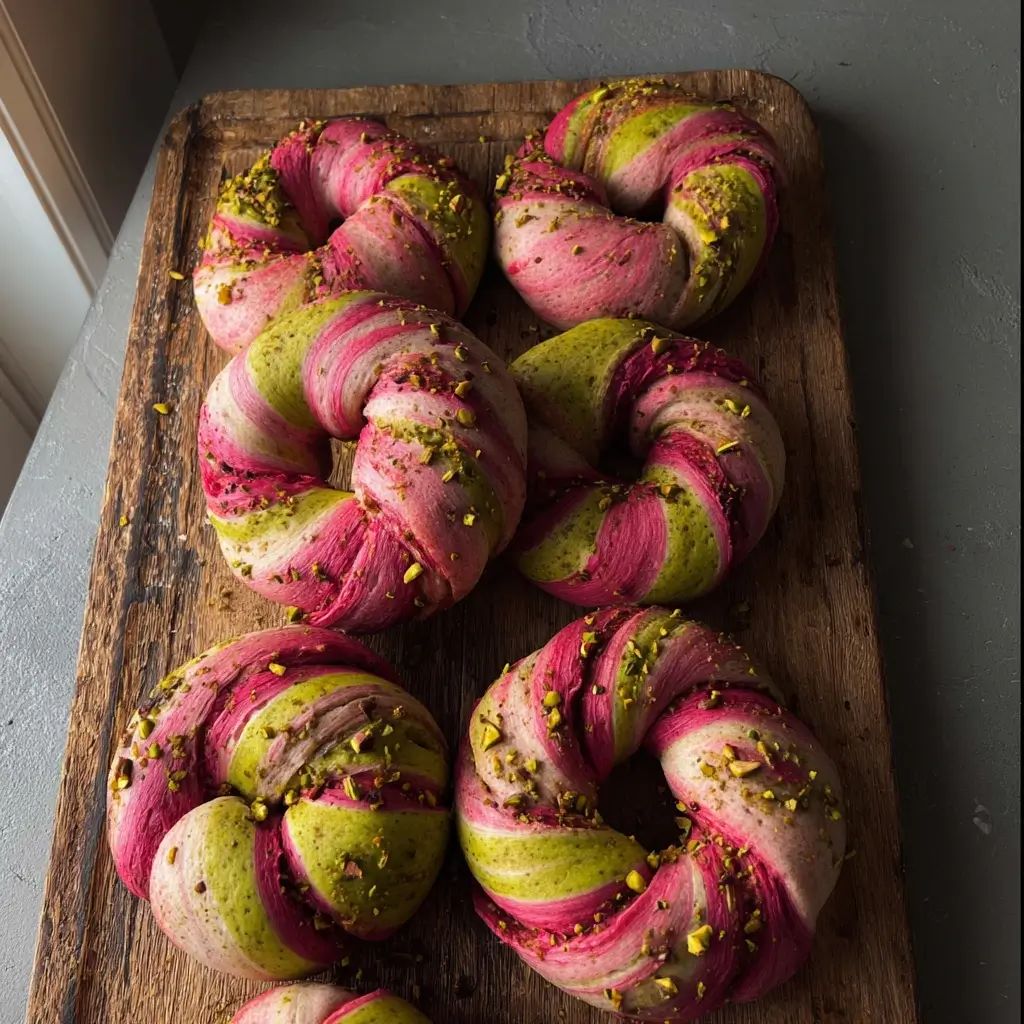 Vibrant Raspberry Pistachio Sourdough Bagels