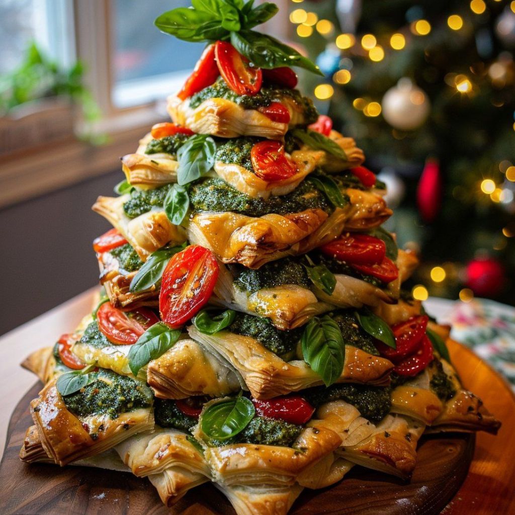Festive Basil Pesto Cheesy Puff Pastry Christmas Tree