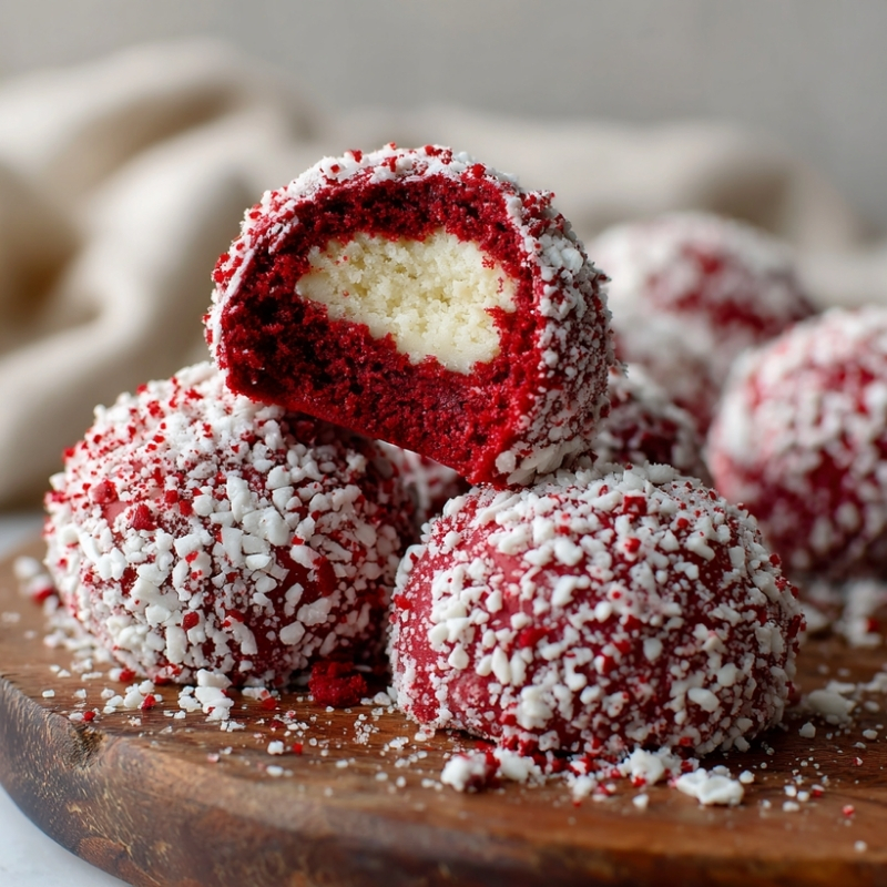 Red Velvet Snowball Cookies With White Chocolate Filling