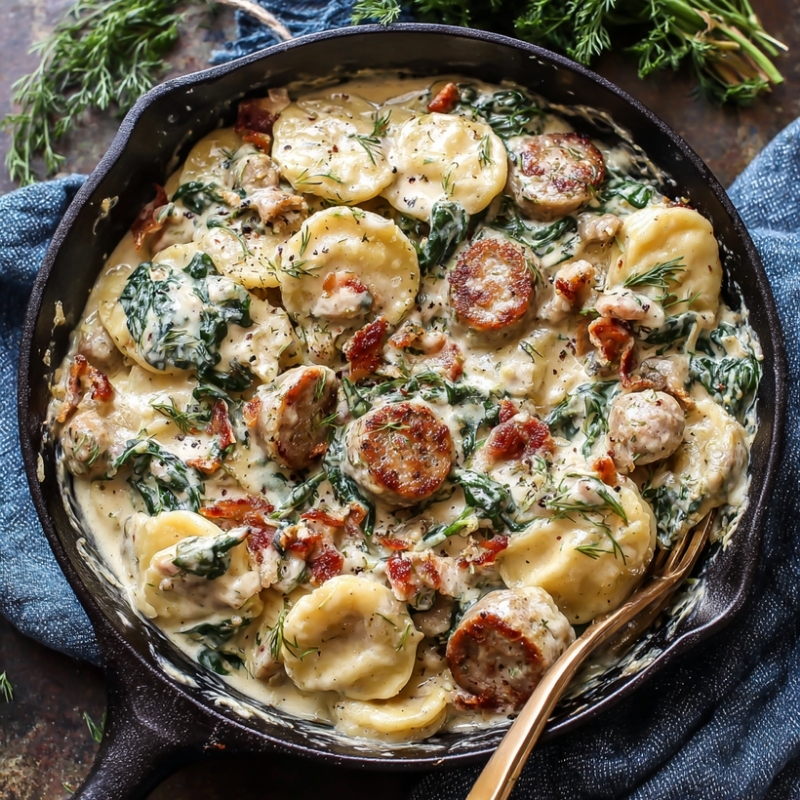 Velvety Creamy Pierogi And Turkey Sausage Skillet Delight
